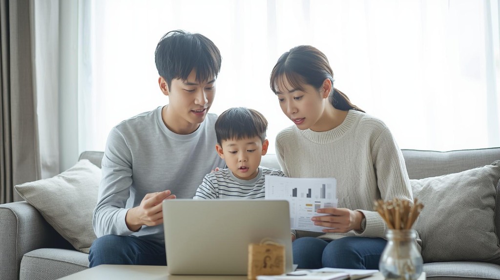 家族で会話しながら将来のくらしを相談しているイメージ