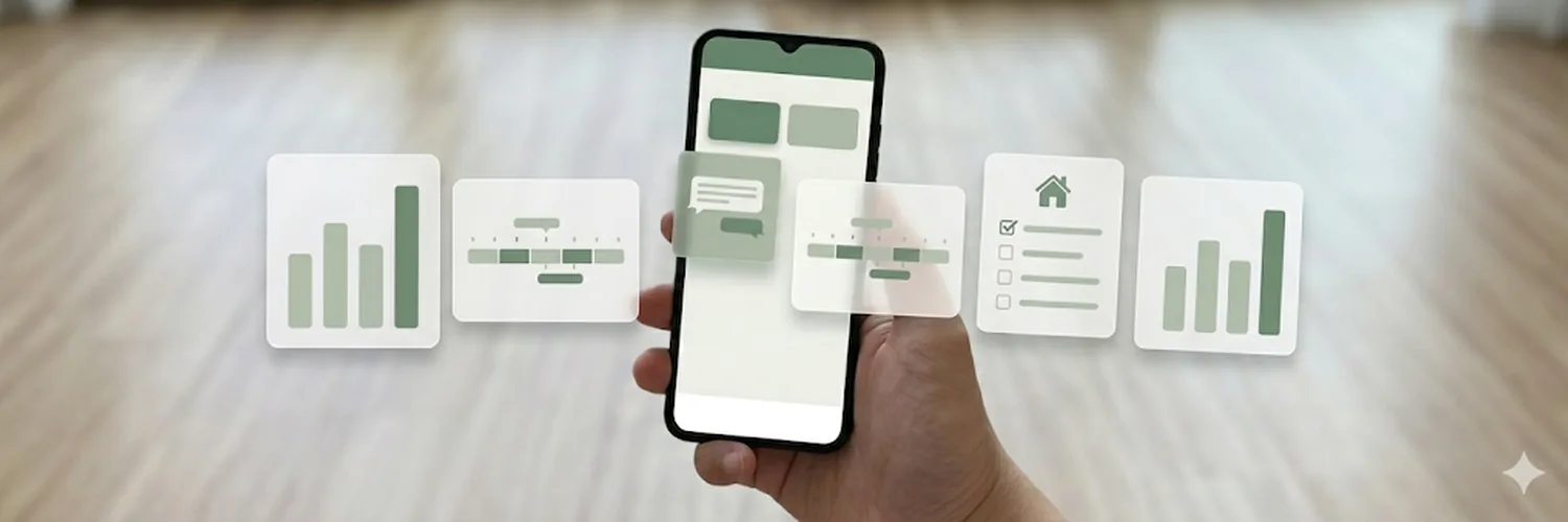 スマートフォンを持って、複数のツールがつながるイメージ